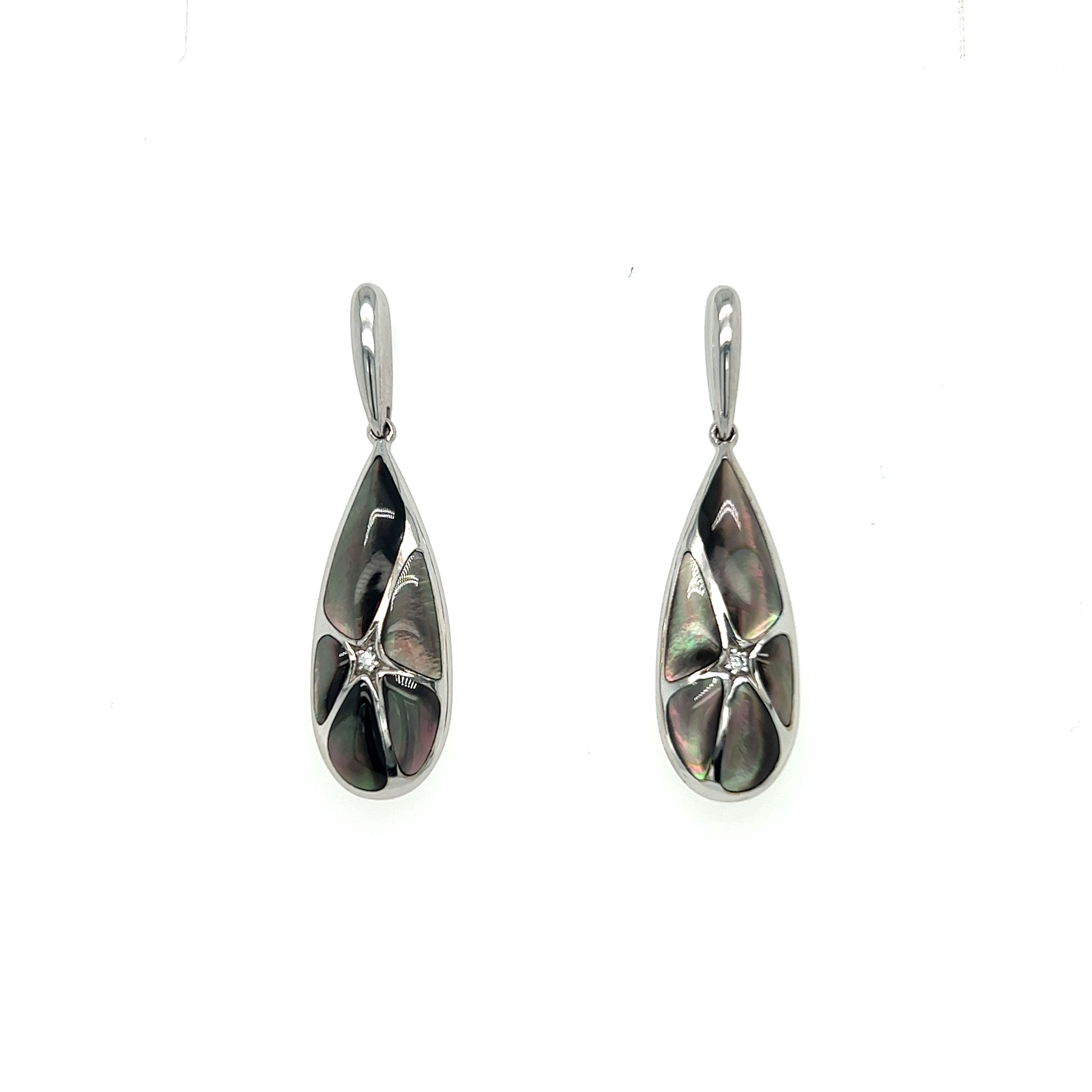 14 Karat white gold Earrings With 10 black Mother Of Pearls And 2=0.02Tw Round Brilliant G Vs Diamonds
